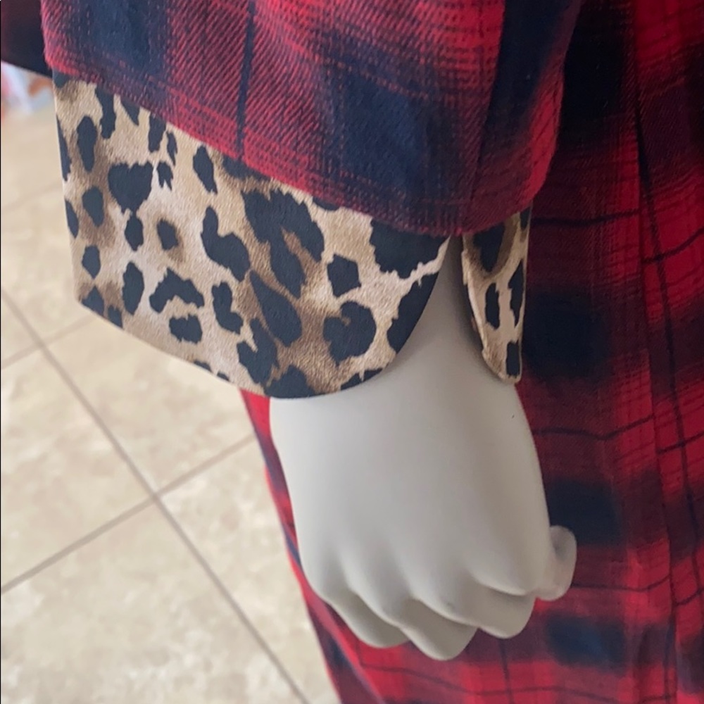 Red and Black buffalo Plaid Cheetah-leopard print jacket with waist tie - Picture 6 of 10